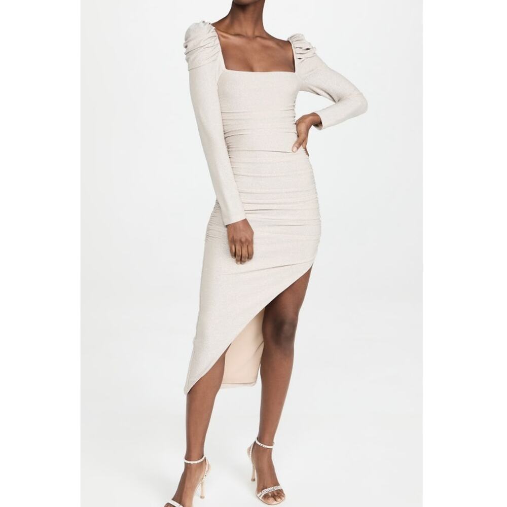 Saylor Marcia Dress Silver Metallic Jersey Ruched High Slit Long Sleeve‎ Sz S